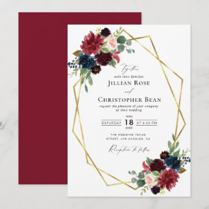Burgundy floral geometric bruiloft-uitnodiging kaart