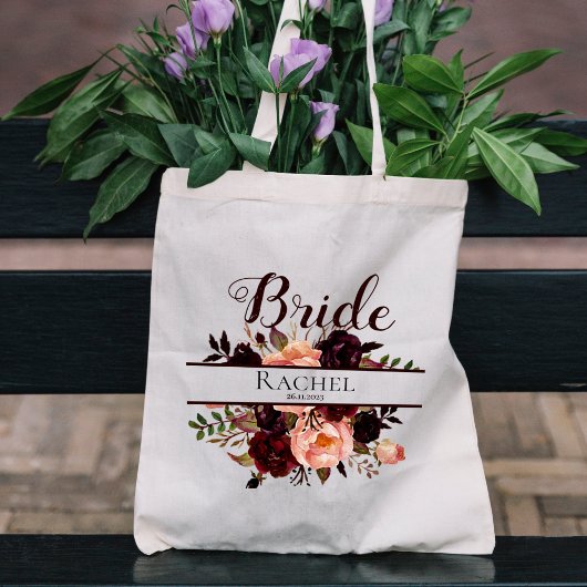Burgundy Floral | Gepersonaliseerde bride Wedding Tote Bag