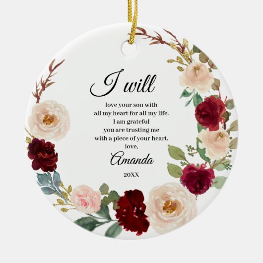Burgundy Floral - Gepersonaliseerde Moeder van de Keramisch Ornament (Voorkant)