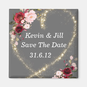 burgundy floral & glitter hart , behalve de datum  magneet