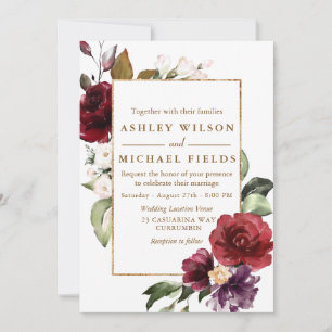 Burgundy Floral Gold Border Waterverf Wedding Kaart