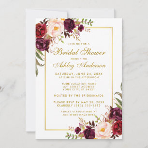 Burgundy Floral Gold Bridal Shower Invitation G Kaart