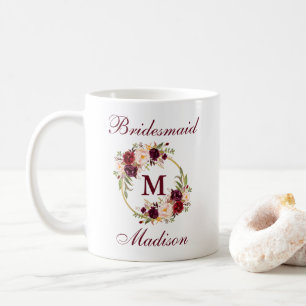 Burgundy Floral Gold Circle Monogram Bridesmaid Koffiemok