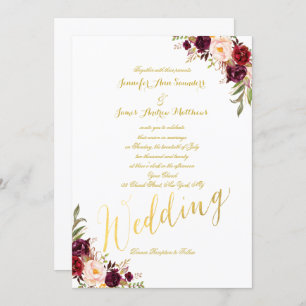 Burgundy Floral Gold Foil Script Weduwen Invite Kaart