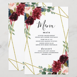 Burgundy Floral Gold Geometric Greenery Menu Kaart