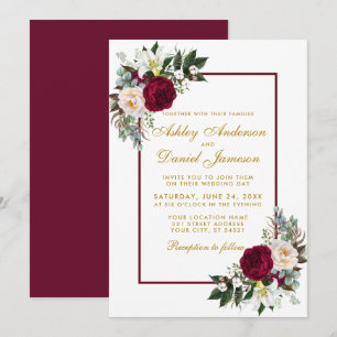 Burgundy Floral Gold Greenery omhuld huwelijk Kaart