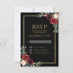 Burgundy Floral Gold Lijst Navy Blue Wedding RSVP Kaartje