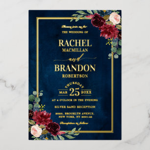 Burgundy Floral Gold Navy Blue Rustic Wedding Folie Uitnodiging