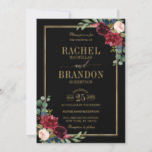 Burgundy Floral Gold Navy Blue Rustic Wedding Invi Kaart