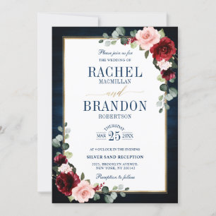 Burgundy Floral Gold Navy Blue Rustic Wedding Invi Kaart