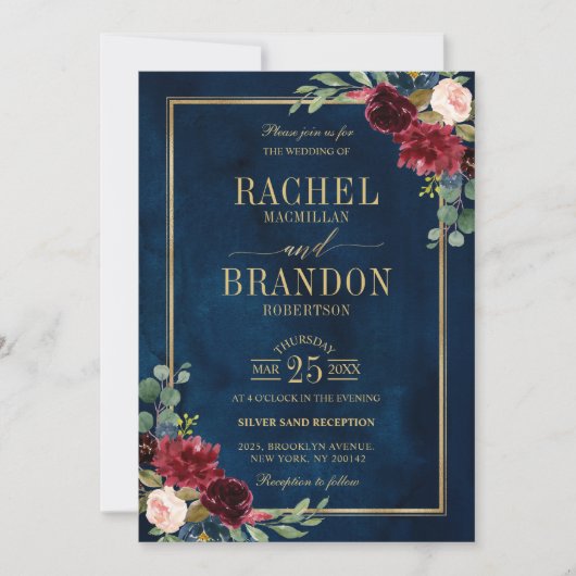 Burgundy Floral Gold Navy Blue Rustic Wedding Kaart (Voorkant)