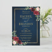 Burgundy Floral Gold Navy Blue Rustic Wedding Kaart (Staand voorkant)