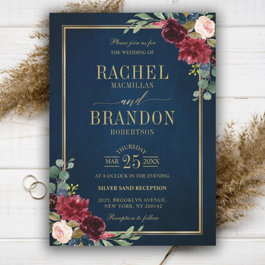 Burgundy Floral Gold Navy Blue Rustic Wedding Kaart
