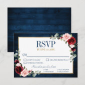 Burgundy Floral Gold Navy Blue Rustic Wedding RSVP (Devant / Derrière)