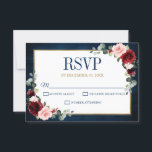 Burgundy Floral Gold Navy Blue Rustic Wedding RSVP<br><div class="desc">Aquarelle bordeaux bleu marine rousse rose pâle mariage floral RSVP modèle avec cadre or et lettrage doré avec feuillage botanique vert et feuilles d'eucalyptus en arrière - plan bleu marine. Ce magnifique design facile à customiser peut s'adapter facilement à vos couleurs, styles et thèmes mariages et il est un choix...</div>