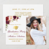 Burgundy Floral Gold Photo Invitation de la fête d (Devant / Derrière)
