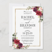 Burgundy Floral Gold Rustic Wedding Kaart (Voorkant)