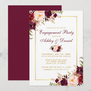 Burgundy Floral Gold Wedding Verloving Invite BB Kaart