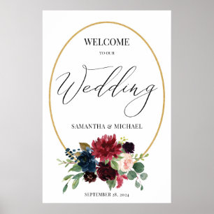 Burgundy Floral Gold Wreath Weddenschap Welkom Poster