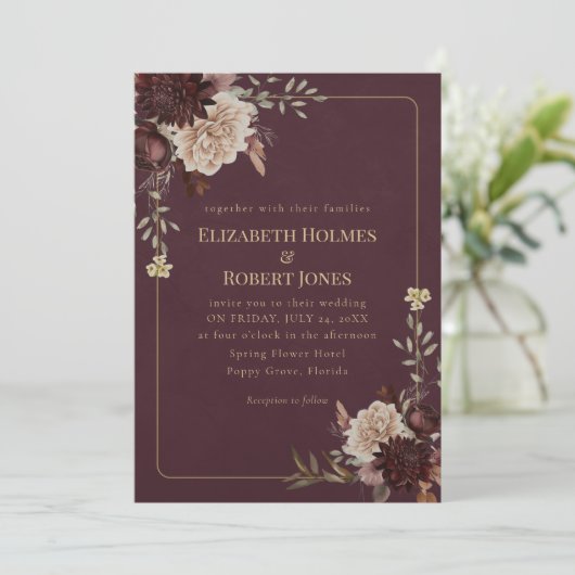 Burgundy Floral Gothic Wedding Invitation (Debout devant)