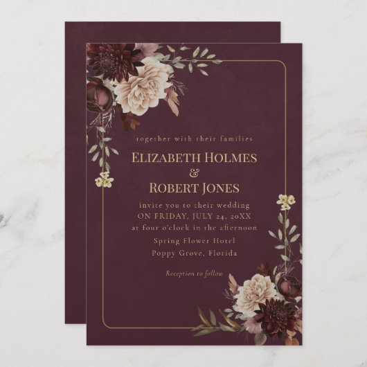 Burgundy Floral Gothic Wedding Invitation (Devant / Derrière)