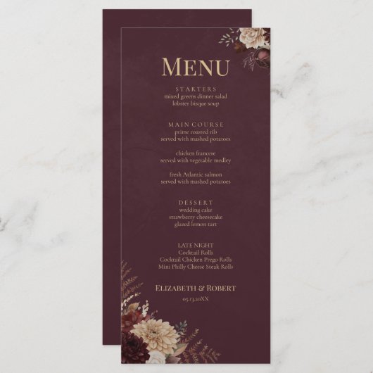 Burgundy Floral Gothic Wedding Menu (Devant / Derrière)