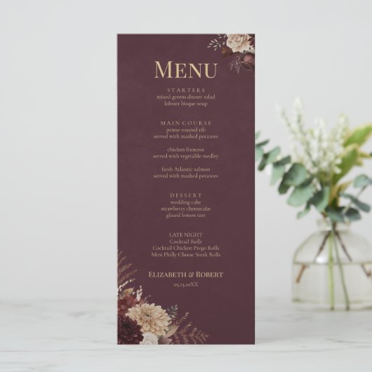 Burgundy Floral Gothic Wedding Menu (Debout devant)