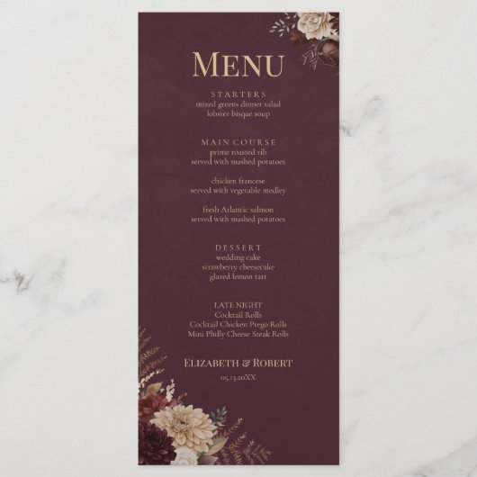 Burgundy Floral Gothic Wedding Menu (Voorkant)