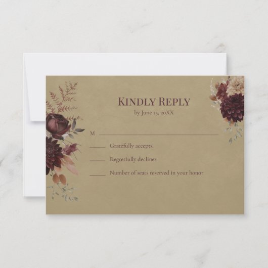 Burgundy Floral Gothic Wedding RSVP Card (Devant)