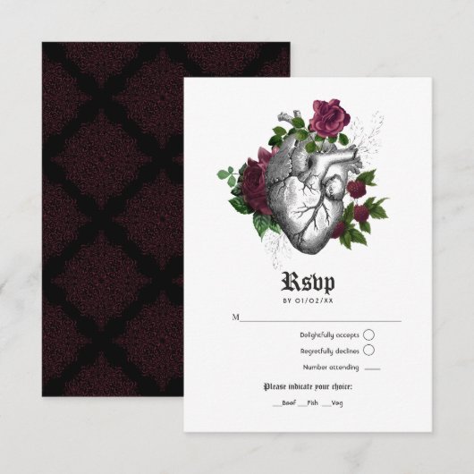 Burgundy Floral Gothic Wedding RSVP Kaartje (Voorkant / Achterkant)