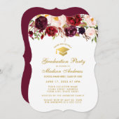 Burgundy Floral Graduation Party Gold Invitation B (Devant / Derrière)
