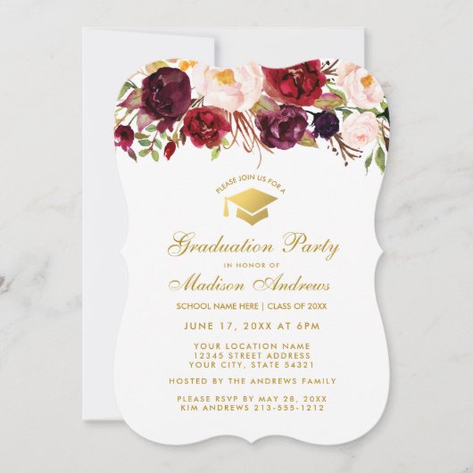 Burgundy Floral Graduation Party Gold Invitation B (Devant)