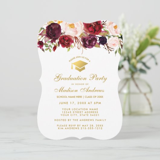Burgundy Floral Graduation Party Gold Invitation B (Debout devant)