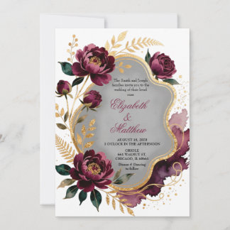 Burgundy Floral Gray Gold Luxury Wedding Kaart