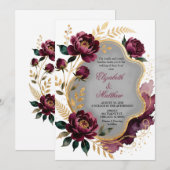 Burgundy Floral Gray Gold Luxury Wedding Kaart (Voorkant / Achterkant)