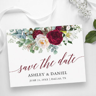 Burgundy Floral Greenery Calligraphy Save the Date Briefkaart
