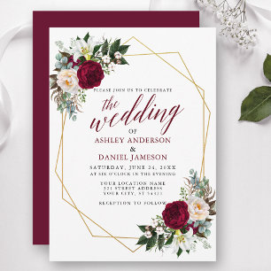 Burgundy Floral Greenery Calligraphy Wedding Gold Kaart