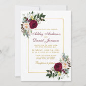 Burgundy Floral Greenery Gold Framed Wedding Kaart (Voorkant)