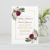 Burgundy Floral Greenery Gold Framed Wedding Kaart (Staand voorkant)