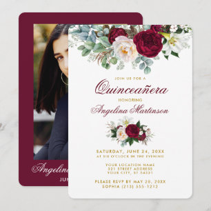 Burgundy Floral Greenery Gold Quinceanera Foto Kaart