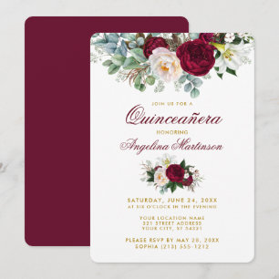 Burgundy Floral Greenery Gold Quinceanera Kaart