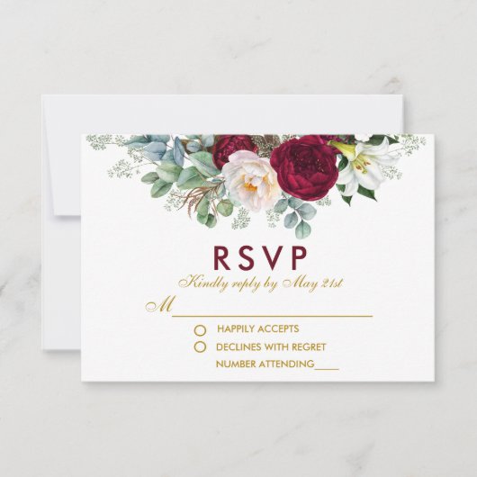 Burgundy Floral Greenery Gold Wedding RSVP (Voorkant)