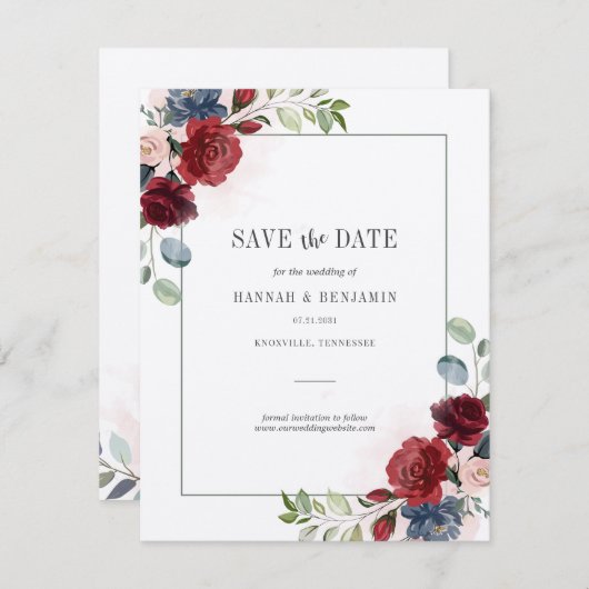 Burgundy Floral Greenery Save the Date (Voorkant / Achterkant)