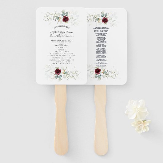 Burgundy Floral Greenery Wedding Programme Hand Fa Handwaaier (Voorkant en achterkant)