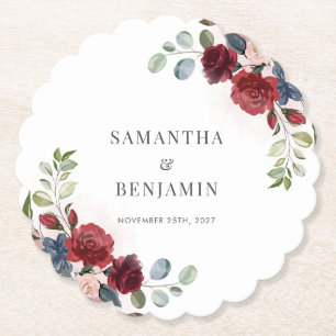 Burgundy Floral Greenery Wedding Reception Favors Kartonnen Onderzetters