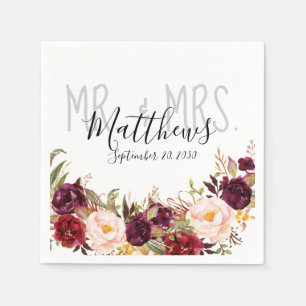 Burgundy Floral Hand Lettered Chic Rustic Wedding Servet