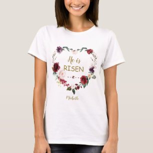 Burgundy Floral Heart Happy Pasen Hij is gerezen T-shirt