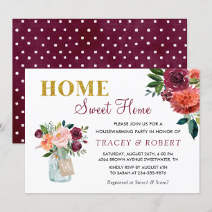 Burgundy Floral Home Sweet Home Housewarming Kaart