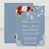 Burgundy Floral Jar Lights Lace Dusty Blue Wedding Kaart (Voorkant / Achterkant)