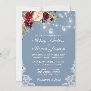 Burgundy Floral Jar Lights Lace Dusty Blue Wedding Kaart